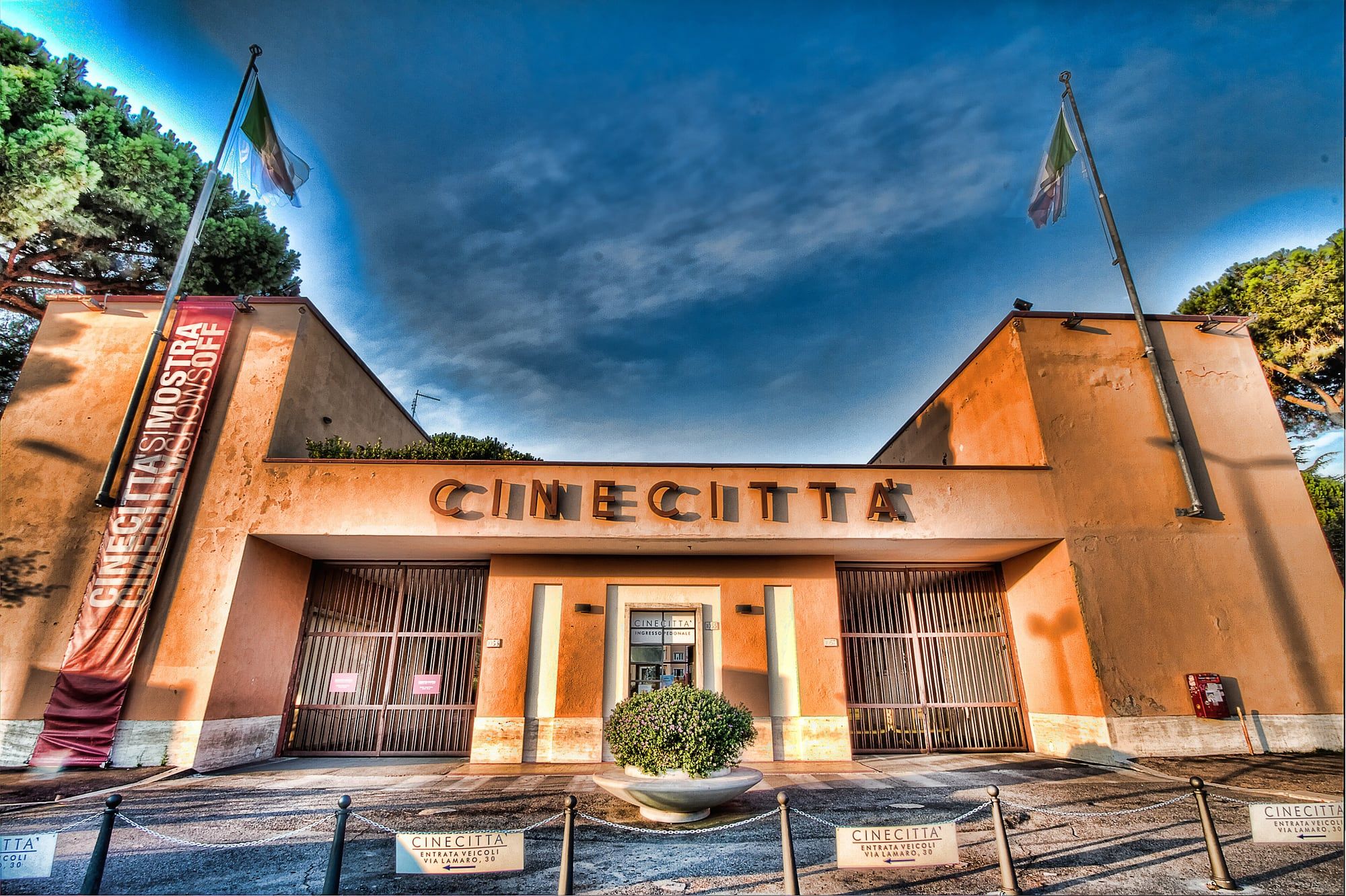 The ancient Rome set at Cinecittà Studios on Via Tuscolana, with painted temple facades and a forum square