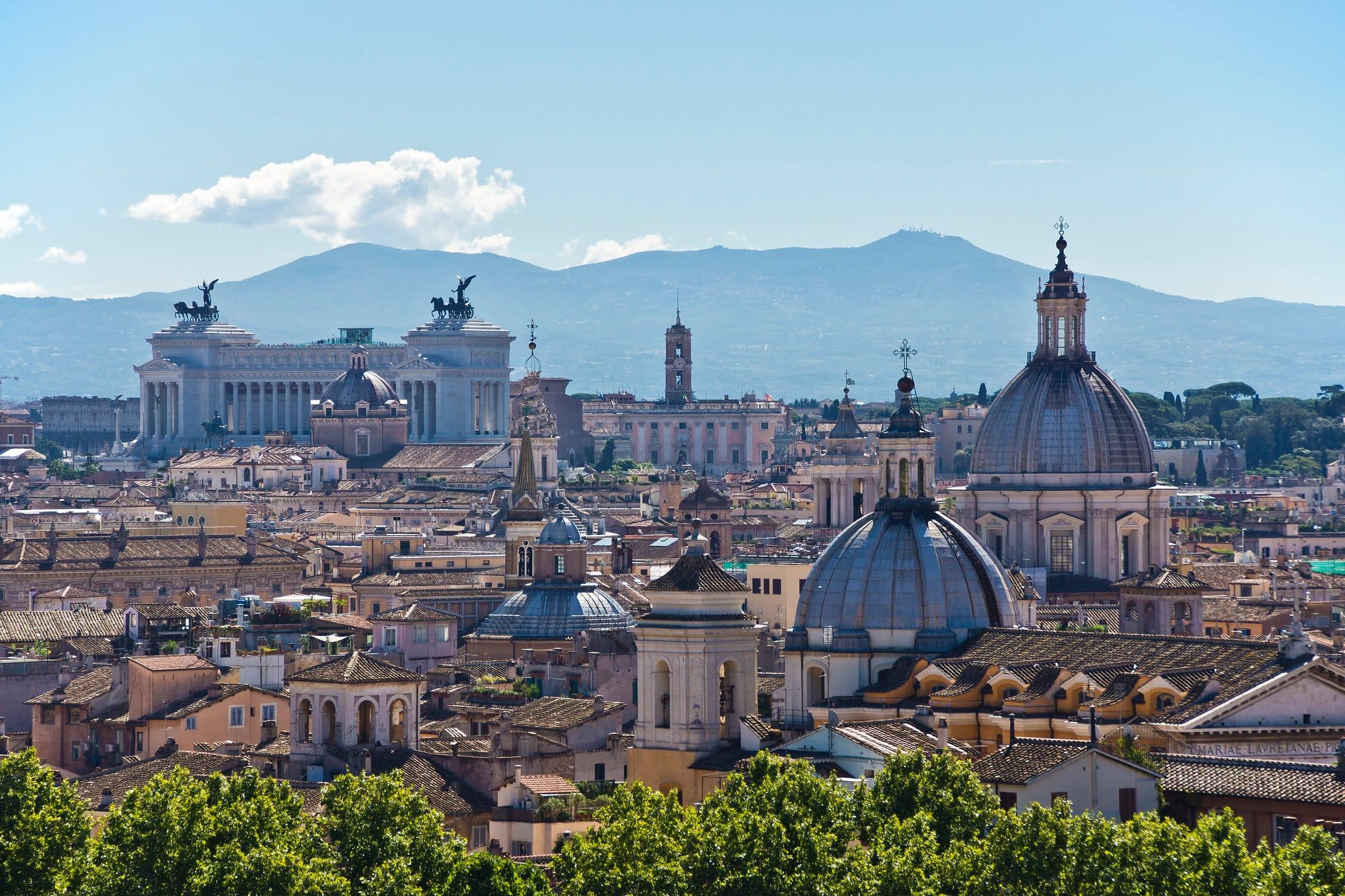 Rome skyline at dusk with the dome of St Peter's Basilica on the horizon